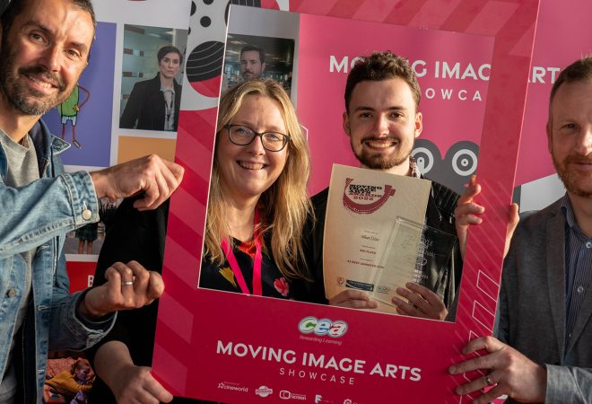 Picture of ALT Animation’s Tim Bryans, CCEA’s Ingrid Arthurs, award winning student William Dolan and NI Screen’s David McConnell.