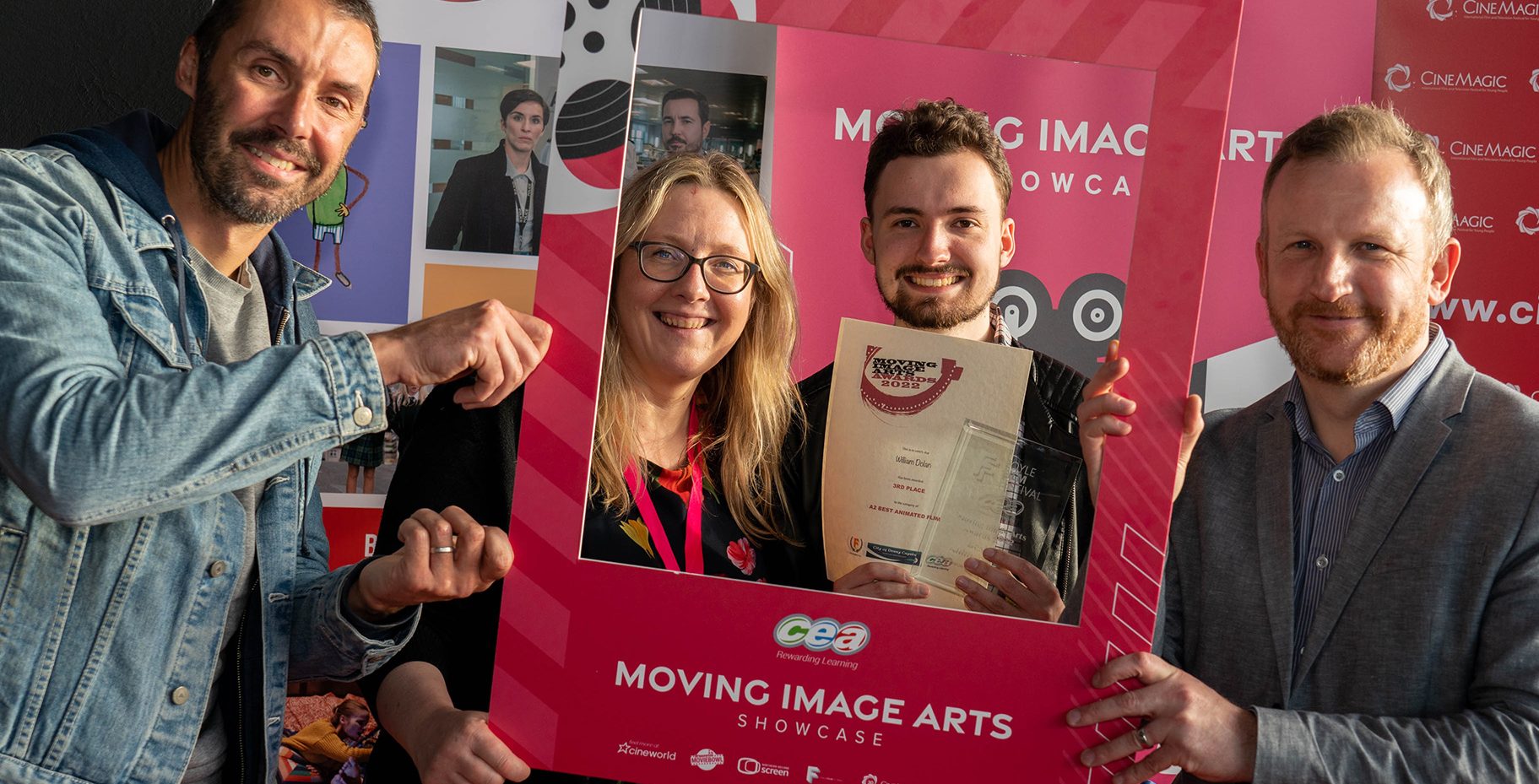 Picture of ALT Animation’s Tim Bryans, CCEA’s Ingrid Arthurs, award winning student William Dolan and NI Screen’s David McConnell.